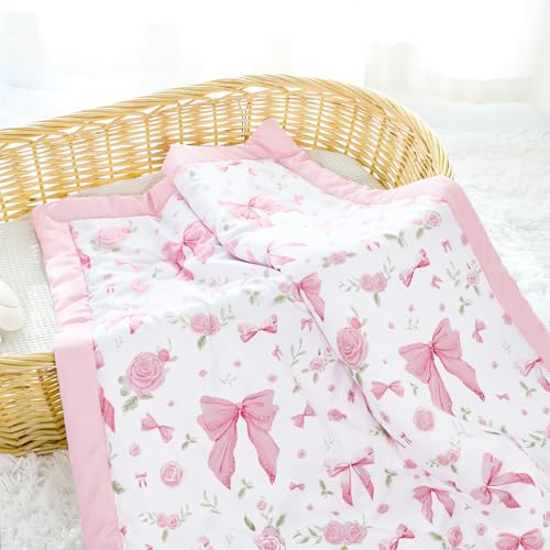 Jundetye Floral Crib Bedding Set for Girls, 4 Pieces Pink Baby Nursery Bedding Set for Standard Size Crib, Including Soft Comforter, Crib Sheet, Ruffled Crib Skirt, Diaper Stacker Jundetye