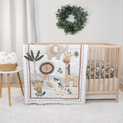 The Peanutshell 4 Piece Organic Cotton Baby Crib Bedding Set for Boys & Girls - Newborn, Infant & Toddler Nursery Bed Set Decor with Two Crib Sheets, Dust Ruffle Comforter - Safari Serenity The Peanutshell