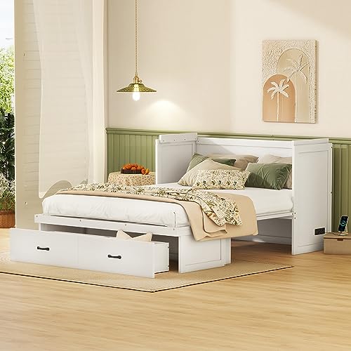 JULYFOX Murphy Bed Chest Queen Size, Hard Wood Platform Bed with Headboard Storage Drawers Underneath No Box Spring Needed 500 lbs Heavy Duty for Small Spaces(Queen,White) JULYFOX