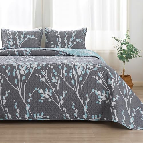 Andency Quilt King Size Grey Blue (106x96 Inch), 3 Pieces Floral Lightweight Bedding Set, Microfiber Reversible Flower Quilted Bedspread Coverlet with 2 Pillowcases for Men Women