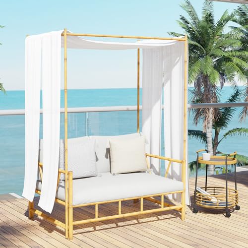 Grand patio Outdoor Loveseat with Canopy, Metal Patio Loveseat Sofa with Thick Cushion, Tropical-style Patio Furniture Featuring Imitation Bamboo Finish, White Grand patio