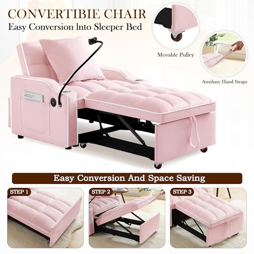 SLEERWAY 3-in-1 Convertible Futon Sofa Bed Chair, Multi-Functional Sleeper Chair Bed with Pull Out Couch and Adjustable Backrest, Modern Velvet Chaise Lounge Armchair for Living Room Bedroom, Pink SLEERWAY