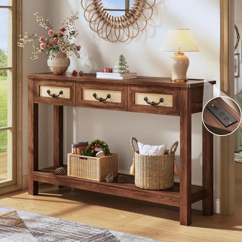 HUAHUU 47.2" Console Table with 3 Rattan Drawers, Long Sofa Table with Storage Behind Couch, Farmhouse Entryway Table with Power Outlet & Open Storage for Entrance/Hallway/Foyer/Living Room, Walnut HUAHUU
