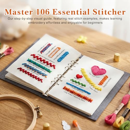 Tofficu 2026 Upgraded Embroidery Stitch Book - 180 Patterns Embroidery Starter Practice Book, Beginner Cross Stitch Supplies Kit with 6-Ring Binder 24-Color Threads & Tools for Adults DIY Craft Gift