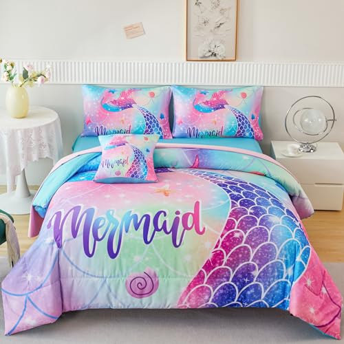 RYNGHIPY Mermaid Twin Girls Bedding Set, Colorful Rainbow Kids Girls Comforter Set with Sheets Soft and Lightweight, 6 Pieces Teen Girls Bed in a Bag RYNGHIPY