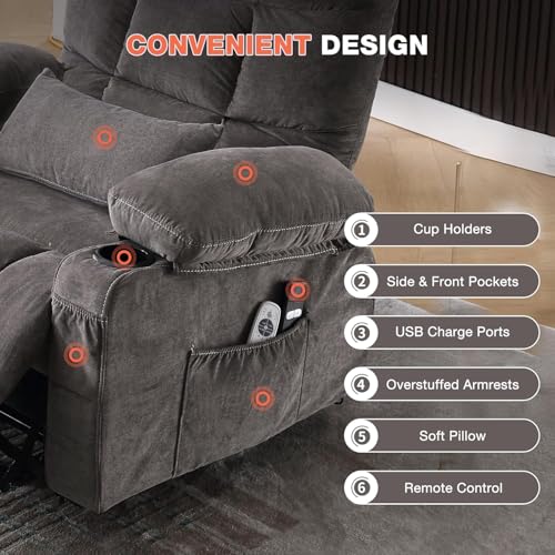 Ultra Wide Power Lift Recliner Chair for Elderly,Rotating Lounge Chair with Hot Massage Heating and Auxiliary Standing Function,Oversized Lazyboy Single Sofa with Cup Holder for Living Room (Grey) Anwick
