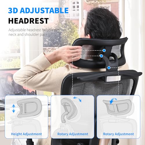hujusko Mesh Ergonomic Office Chair with 6D Armrests,High Back Mesh Gaming Chair with Lumbar Support,Adjustable 3D Headrest for Home Office Desk Chair(Executive, Black) hujusko