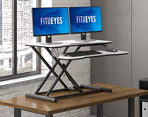 FITUEYES Height Adjustable Standing Desk 32” Wide Sit to Stand Converter Stand Up Desk Tabletop Workstation for Laptops Dual Monitor Riser White SD308003WW FITUEYES