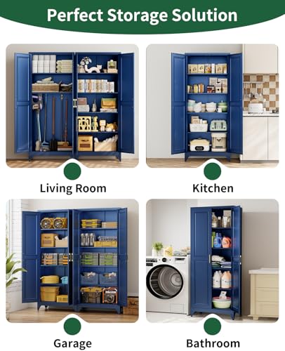 75" Tall Metal Storage Cabinet with 2 Doors and 4 Adjustable Shelves, Heavy Duty Steel Pantry Cabinet for Garage, Home Office, Kitchen and Laundry Room, Freestanding Utility Cupboard,Blue METALOONG