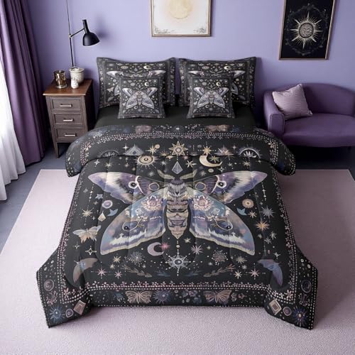 Erosebridal Black Boho Moth Comforter Set Full with Sheets,Sun Moon and Stars Bedding Set 7 Piece Gothic Bedroom Decor,Trippy Butterfly Bed in a Bag with Fitted Sheet,Flat Sheet,Pillowcases & Shams Erosebridal