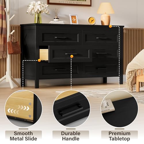 YESHOMY Black Dresser for Bedroom, Wooden 6 Drawer Dresser, Closet Storage Organizer Chest of Drawers for Living Room, Hallway, Closet