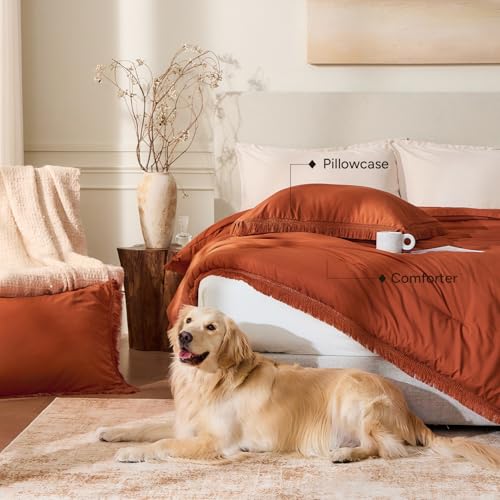 Andency King Size Comforter Set Burnt Orange, 3 Pieces Boho Terracotta Soft Lightweight Bedding Comforter Sets, Rust Tassel All Season Bed Set (104x90In Comforter & 2 Pillowcases) Andency