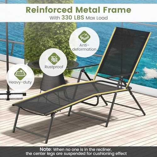 Giantex Lounge Chair Outdoor Set of 2 - Tanning Chair with 6 Adjustable Backrest, 2-Level Footrest, Folding Sunbathing Lounger for Patio, Poolside, Yard, Chaise Lounge Chair, Beach Chair (Black)