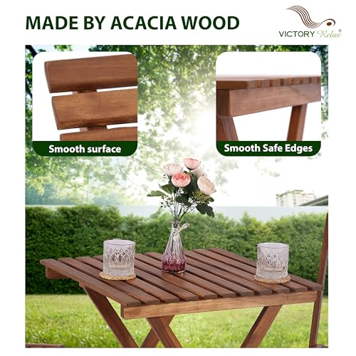 VICTORY RELAX Bistro Table and Chairs Set of 3, Folding Acacia Wood Patio Bistro Set with Square Table, Suitable for Balcony, Garden, Poolside, Yard, Camping VICTORY RELAX