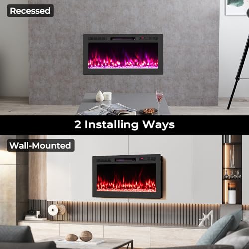 Tangkula 36 inches Smart Electric Fireplace,Recessed & Wall-Mounted 1500W Fire Place with 12 Flame & Ember Bed Colors, 12H Timer, Remote & APP Control, Alexa & Google Assistant Compatible Tangkula
