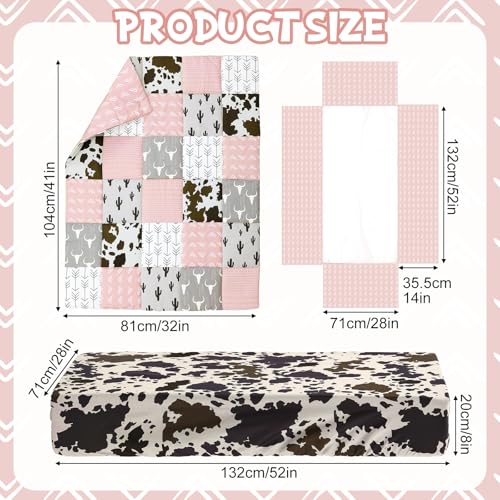 Hahafelt 3 Piece Patchwork Western Crib Bedding Set for Boys Girls Cow Cactus Print Baby Bedding Barnyard Western Nursery Decor Soft Baby Bed Set Includes Quilt Fitted Crib Sheet Bed Skirt (Cowgirls) Hahafelt