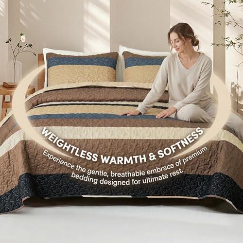 Whale Flotilla Full Queen Size Quilt Set - Reversible Camel Quilts Queen Size with 2 Pillow Shams, Lightweight Boho Striped Bedspreads Coverlet Bedding Set for All Seasons Whale Flotilla