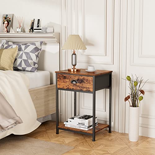 Furologee End Table with Storage Shelf and Fabric Drawer, 2 Tiers Industrial Nightstand, Bedside Table Organizer, 23.6 Inch Tall Side Table for Living Room Bedroom, Rustic Brown, Easy Assembly Furologee