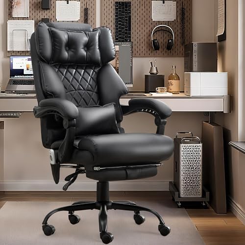 Massage Office Chair with Foot Rest,6 Points Vibration & Heat Executive Office Chairs,Big and Tall Leather Office Chair 500LBS,Ergonomic Desk Chair for Heavy People,Recliner with Dual-Use Pillow,Black BLISNEST