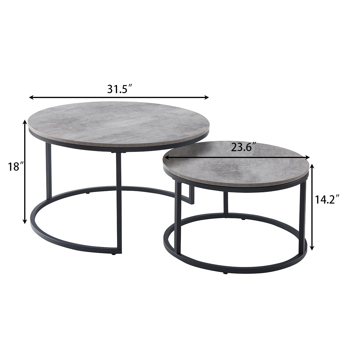 CENSI Round Nesting Coffee Table Set of 2, 31.5" Modern Industrial Center Tables for Living Room, Grey Marble Concrete Wood Finish with Black Metal Frame, Stacking Circle Accent Furniture CENSI