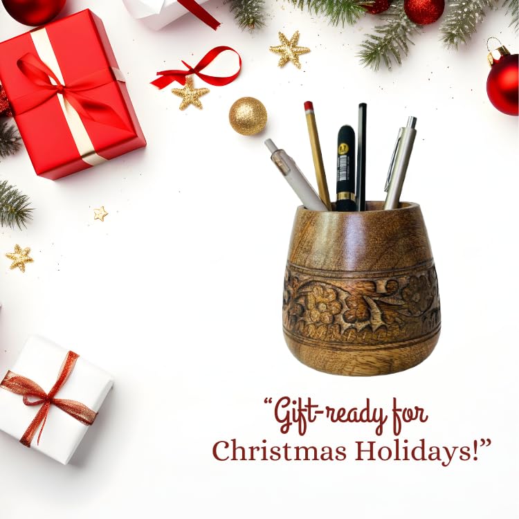 Mie Creations Designer Pencil Holder for Desk Wood | Wooden Pen Stand, Paintbrush Cup, Desk Accessories, Cute Make Up Brush Organizers | Office Desktop Stationery, Mothers Day Gift for Mom- 4'' Brown Mie Creations