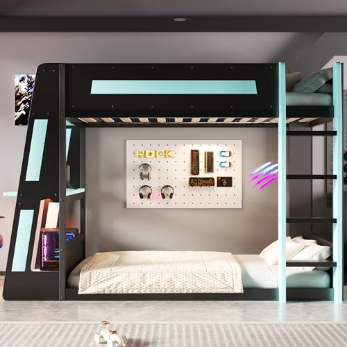 CKLMMC Twin Size Wooden Gaming Bunk Bed with Desk, Two Storage Shelves, USB and LED Light, Sturdy Loft Bed for Gamers & Small Spaces (Black+Blue3) CKLMMC