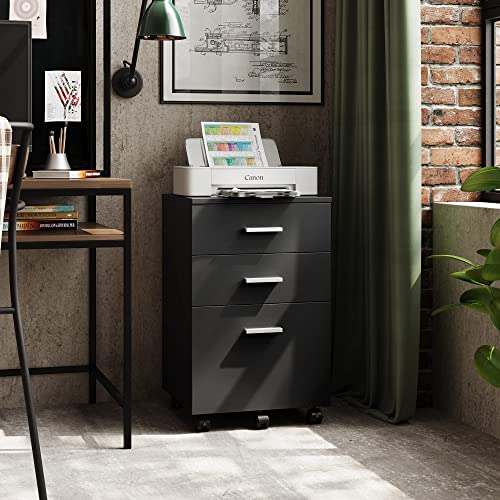 DEVAISE 3 Drawer Wood Mobile File Cabinet, Rolling Filing Cabinet for Letter/A4 Size, Black DEVAISE