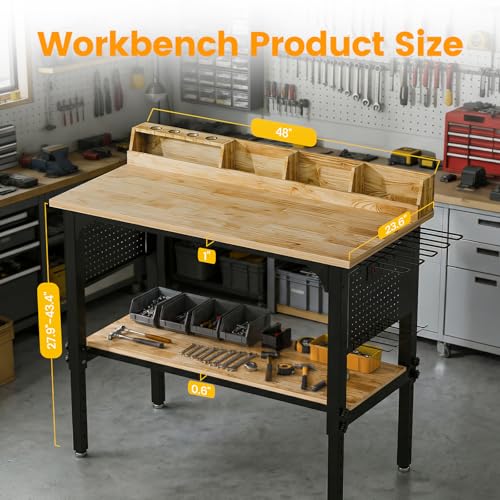 Workbench Adjustable Height Heavy Duty Work Bench with Storage, 2200 LBS Load Capacity Work Table, Pegboard, Built-in Power Outlet, Lockable Wheels for Garage, Workshop, Warehouse & Home NORTHSKY