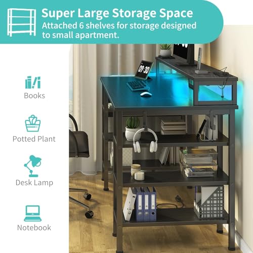 Lufeiya Gaming Desk with LED Lights and Storage Shelves, 47 inch Computer Desk with Power Outlets, Home Office Desk with Monitor Stand, Writing Table PC Desks, Black Lufeiya