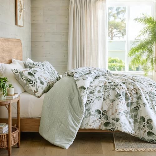 Regency Heights Lightweight Seersucker Botanical Comforter Set Queen Size, 3 Pieces Reversible Design with Striped Print, Premium Microfiber Bedding Set, Comforter and Sham Set, Green Regency Heights