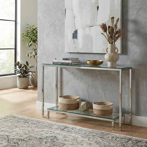 Cortesi Home Reef Contemporary 2 Shelf Glass Console Table, Silver Cortesi Home