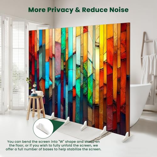 Wood Screen Room Divider Colorful Stained Glass Window Abstract Stained Glass Art Folding Screen Canvas Privacy Partition Panels Dual-Sided Wall Divider Indoor Display Shelves 6 Panels HABEN ARTWORK