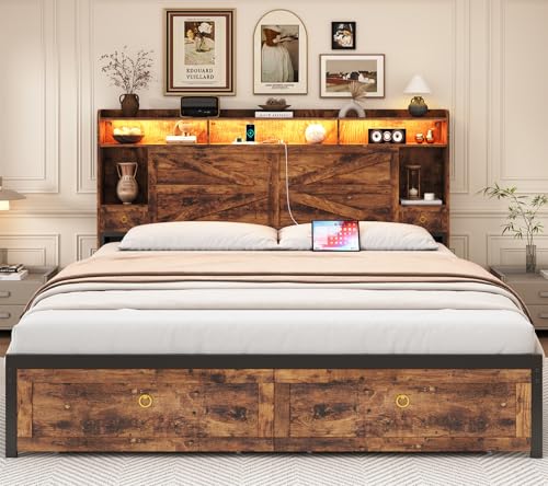 TIGUBFRE King Size Bed Frames with Storage Headboard and 4 Drawers, Farmhouse Platform Bed Frame with Charging Station & LED Lights, Metal Slats Support, Noise Free, No Box Spring Needed, Rustic Brown TIGUBFRE