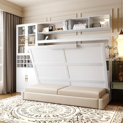 Merax Full Size Murphy Bed Wall Bed with Sofa, Shelves, USB & Light - Space Saving Foldable Bed for Small Apartments, White Merax
