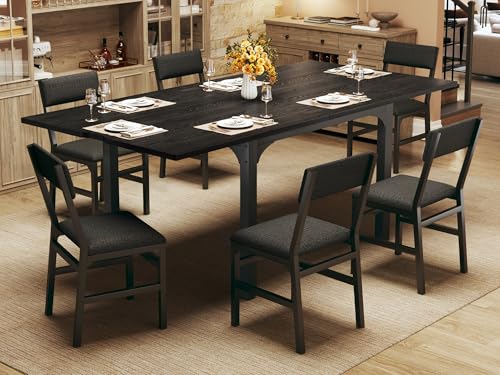7-Piece Dining Table Set for 4-6, Extendable Kitchen Table Cushion Chairs Set of 6 with 6 Chairs, Rectangle Dining Table with Metal Frame & MDF Board, Folding for Small Apartment Saving Space, Black HUAHUU