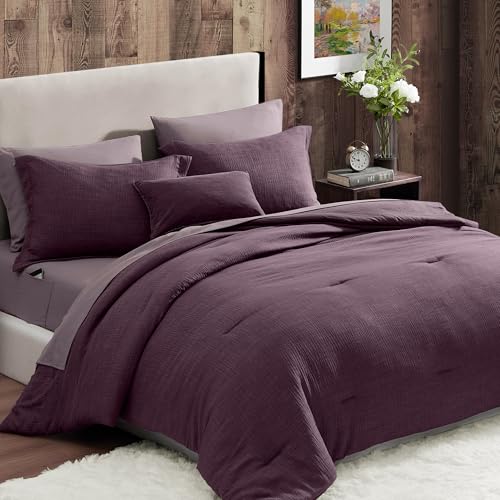 Geniospin Purple Queen Comforter Set - 7 Pieces Egglant Comforter Queen Size, Solid Bedding Set for All Season, Textured Bed in a Bag with Sheets Geniospin