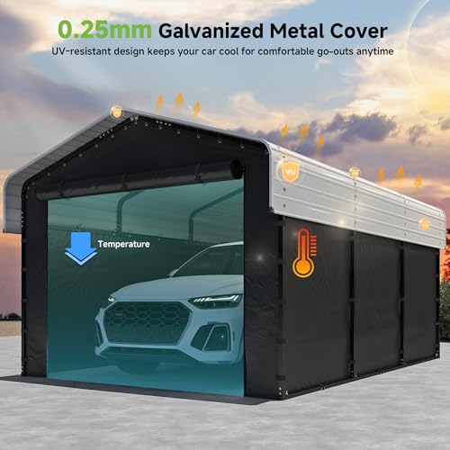 Real Relax 10×15FT Heavy Duty Carport with Removable Sidewalls, Metal Car Port Multi-Use Outdoor Storage Trucks, Cars, Boats, Galvanized Metal Roof, Cream White Real Relax