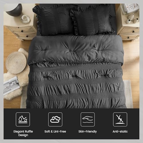 QUIETSEA Twin Comforter Set Seersucker 5 Pieces Luxury Ruffle Bed in a Bag Twin Size for All Season Black Bedding Set with Comforter, Pillowcase, Flat Sheet, Fitted Sheet and Pillow Sham QUIETSEA