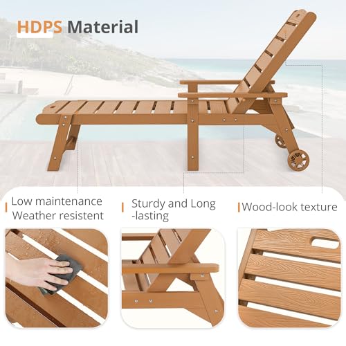 LUE BONA Outdoor Chaise Lounge, HDPS Chaise Lounger, 5 Positions Adjustable Lounge Chairs, Pool Lounge Chair with Wheels for Poolside, Backyard, Teak Color