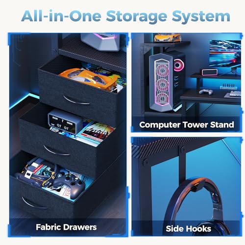 DUMOS L Shaped Gaming Desk with Shelves Storage Drawers 52'', Black Computer Desks with LED Lights Power Outlets, Office Wood Table with PC Stand Cable Management for Bedroom Dual Monitor Streaming DUMOS