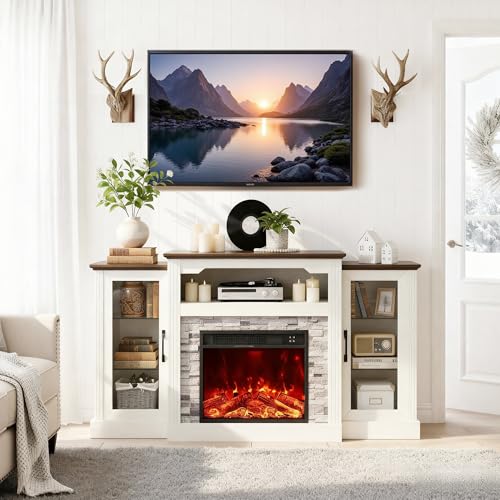 70-inch Electric Fireplace with Mantel, Fireplace TV Stand, Farmhouse Style Console Height Wooden Entertainment Center with Storage,4800 BTU 60-99°F Heating for Living Room,Bedroom TRONLEE