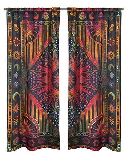 Popular Handicrafts Indian Burning Sun Moon Hippie Mandala Window Curtains for Doorways Closets - Gypsy Tye Dye Bohemian Beautiful Drapery Bedroom Livingroom Divider Balcony Valance Panels Golden Popular Handicrafts