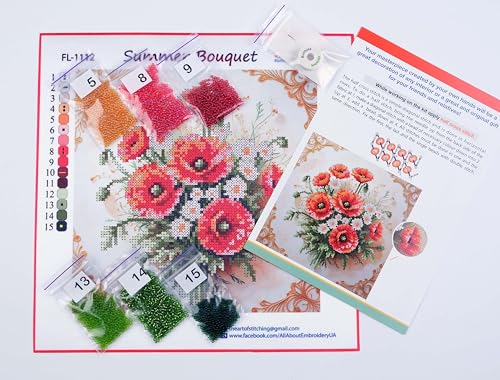 AllAboutEmbroideryUA Bead Embroidery kit Summer Bouquet FL-1112 Floral Beaded Cross Stitch kit