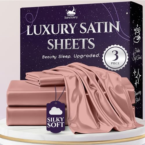 SLEEP SANCTUARY Satin Sheets Twin Size – 3 Piece Luxury Silky Bed Set, Softer Than Silk, 15" Deep Pocket, Cooling & Wrinkle-Free, Moisture-Wicking & Breathable for Hair & Skin (Blush Pink) SLEEP SANCTUARY