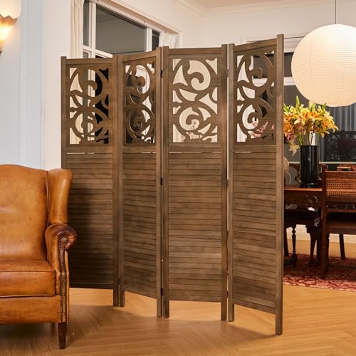 Svimi Folding Room Divider, 5.6Ft 4 Panels Wood Carved Privacy Screens, Free Assembled Freestanding Portable Reversible Functional Decorative Partition for Home Office Restaurant Bedroom (Brown) Svimi