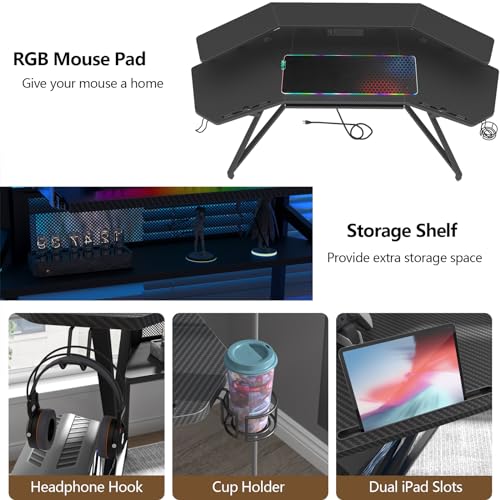 Auromie 72" Gaming Desk with Power Outlet & Led Strip, Large Wing-Shaped Computer Desk w Monitor Stand & Keyboard Tray & RGB Mouse Pad, Studio Desk w Storage Shelf Headphone Hook Cup Holder Auromie