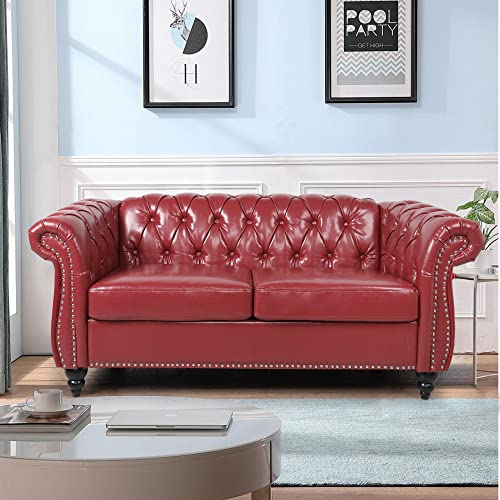 RARZOE Traditional Chesterfield PU Loveseat Sofa, Modern Vintage Chesterfield Button Tufted Faux Leather Couch with Nailhead Trim Scrolled Arms for Living Room Bedroom Office(Burgundy) RARZOE