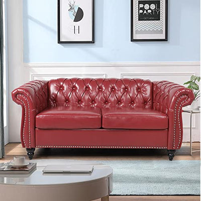 RARZOE Traditional Chesterfield PU Loveseat Sofa, Modern Vintage Chesterfield Button Tufted Faux Leather Couch with Nailhead Trim Scrolled Arms for Living Room Bedroom Office(Burgundy)