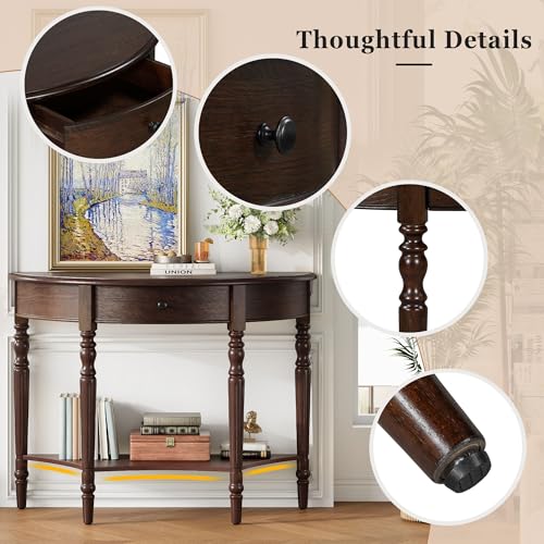 Anwick Vintage Half Moon Console Table with Shelves, Blue Mid Century Entry Way Table with Drawers & Storage, Classy Wooden Sofa Console Tables for Entryway Living Room Hallway & Foyer (Brown) Anwick