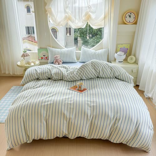 HighBuy Chic Blue Stripe Duvet Cover Set Twin XL,Kids Boys Muslin Cotton Breathable Striped Comforter Cover with 2 Pillowcases,Minimalist Stripes Textured Gauze Bedding Duvet Cover Set HighBuy